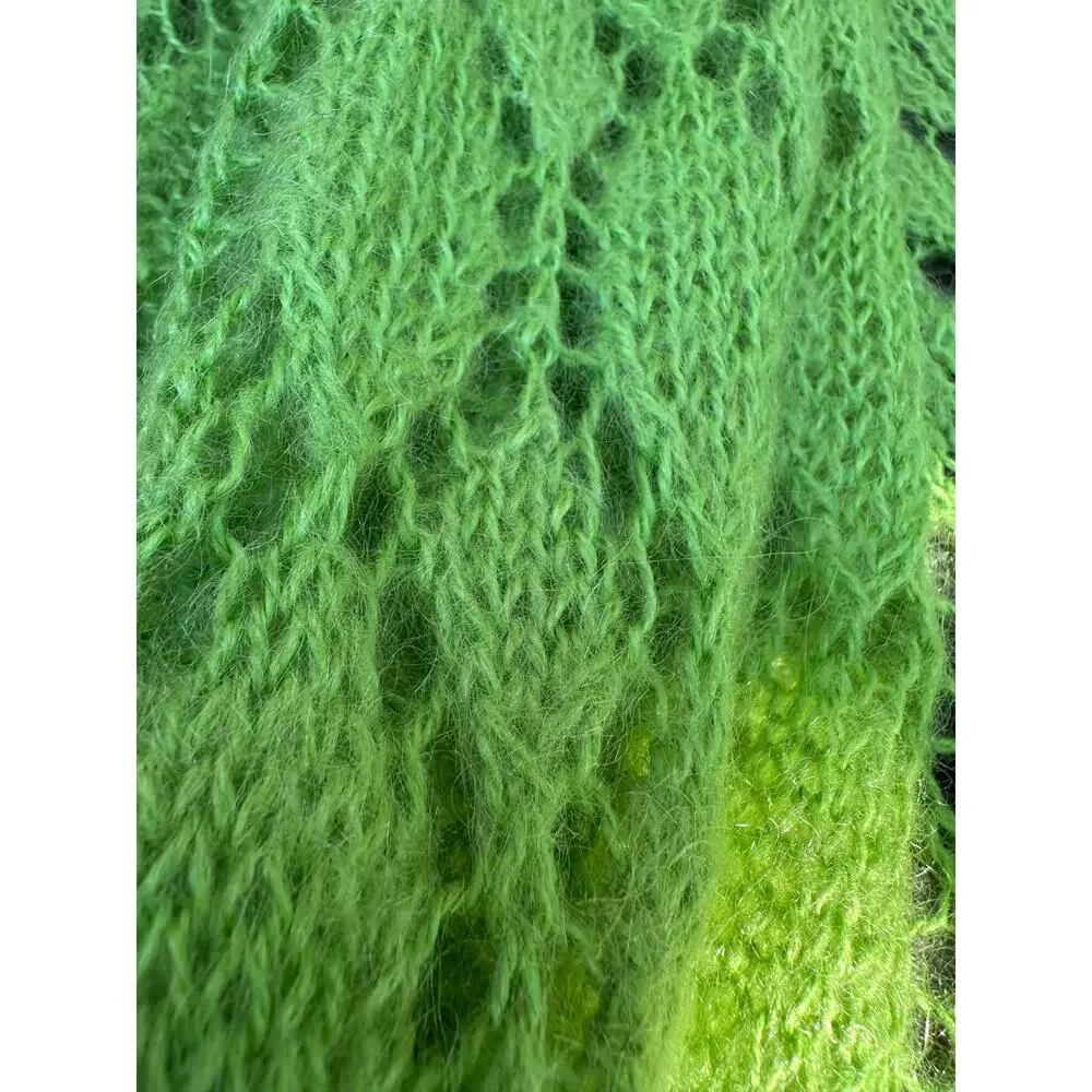 Mohair Wool Crochet Blanket lime green Hand Made Diamond Knit Throw 44x90” shawl